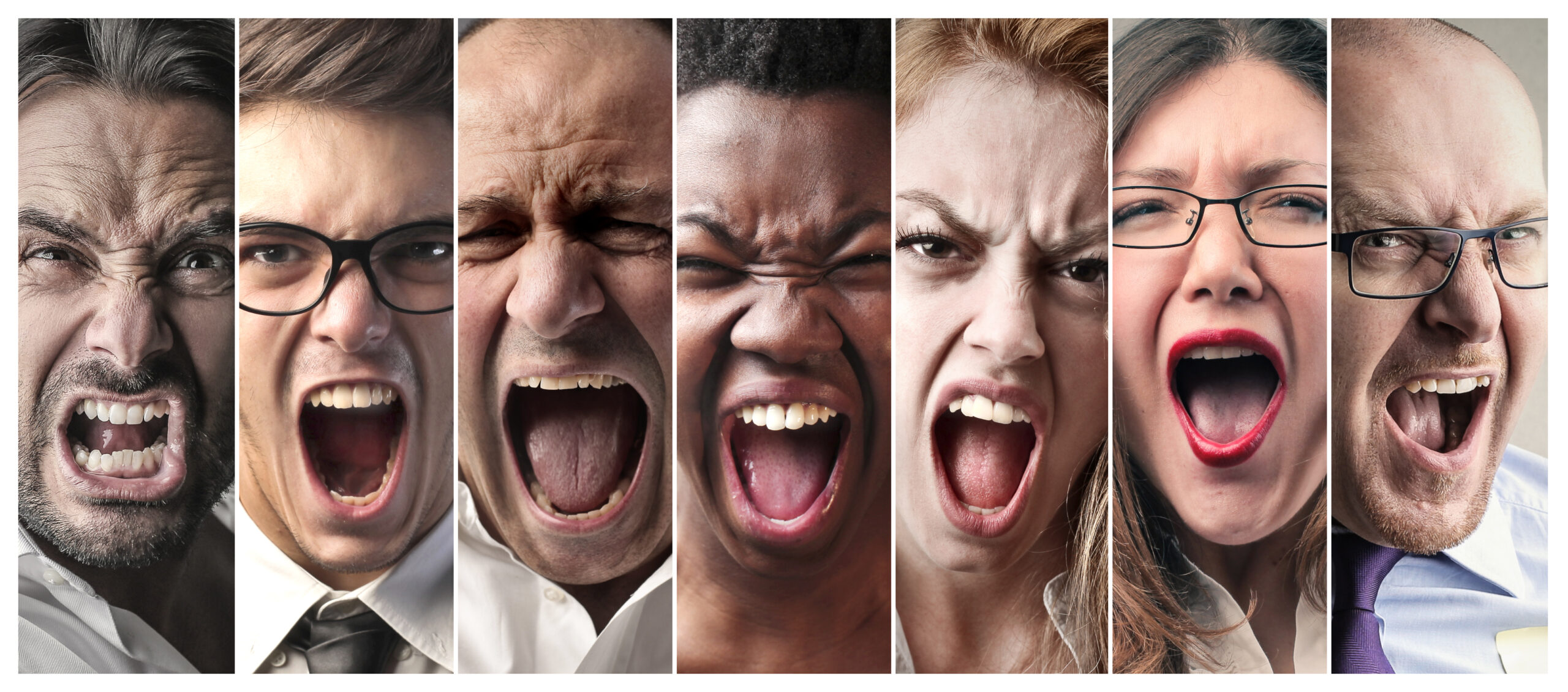 A collage of people expressing frustration